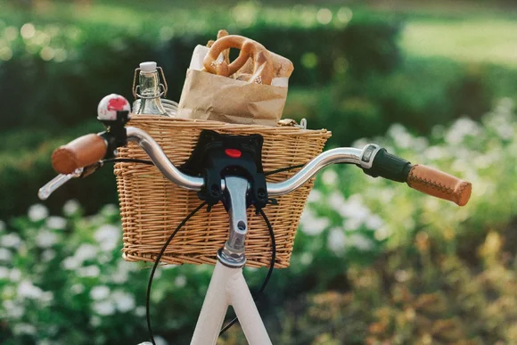 Fahrradkorb mit Picknickutensilien